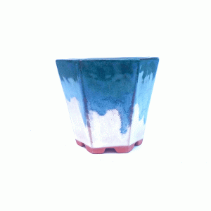 Vaso Hexagonal Esmaltado Cor Azul e Branco