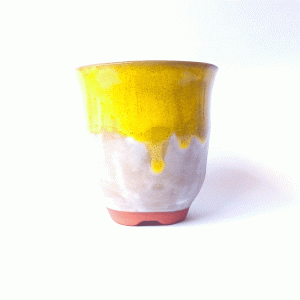 Vaso Redondo Esmaltado Cor Amarelo e Branco